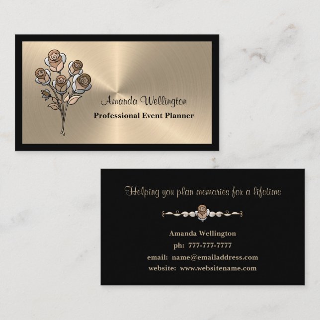 Gold and Black Floral Event Planner Business Card Visitenkarte (Vorne/Hinten)