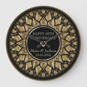 Gold And Black Floral Mandala Große Wanduhr