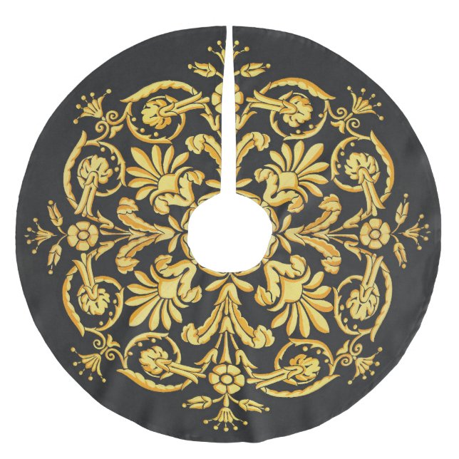 Gold And Black Floral Pattern Polyester Weihnachtsbaumdecke (Vorderseite)