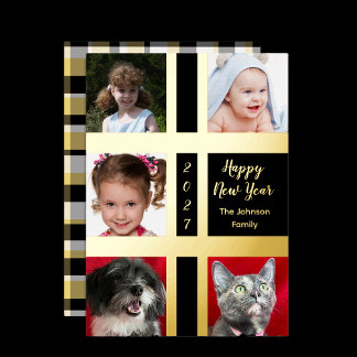 Gold and Black Happy New Year 5 Photo Folien Feiertagskarte