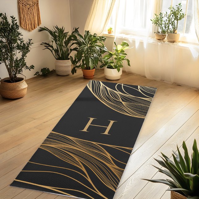 Gold and Black Modern Pattern Monogram Yogamatte (Von Creator hochgeladen)