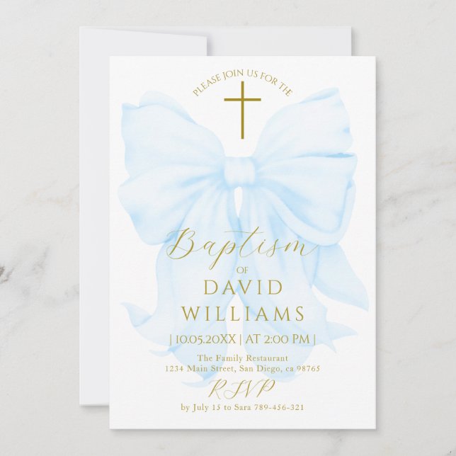 Gold and Blue Bow Boy Baptism Elegant Digital Einladung (Vorderseite)
