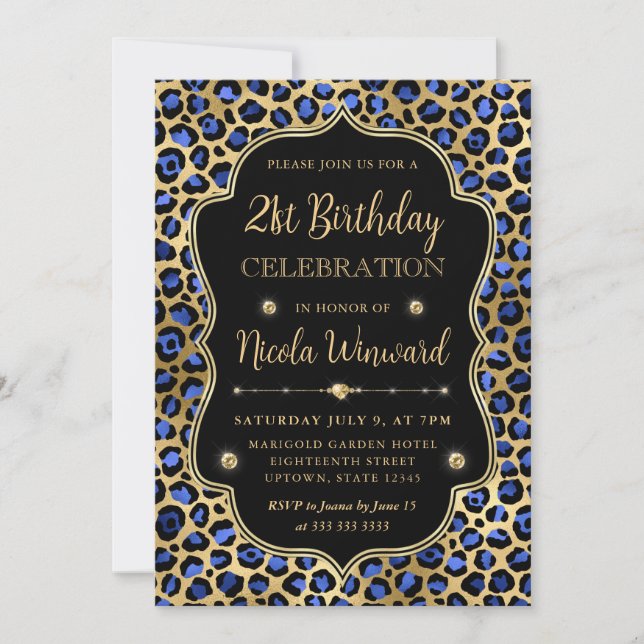 Gold and Blue Leopard Print Birthday Party Einladung (Vorderseite)