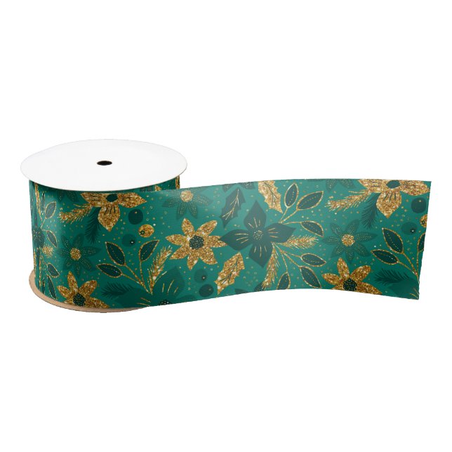 Gold and Green Christmas Poinsettia Flowers Satinband (Spule)