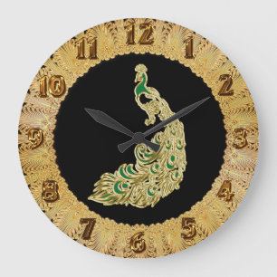 Gold and green peacock glimmering brightly große wanduhr