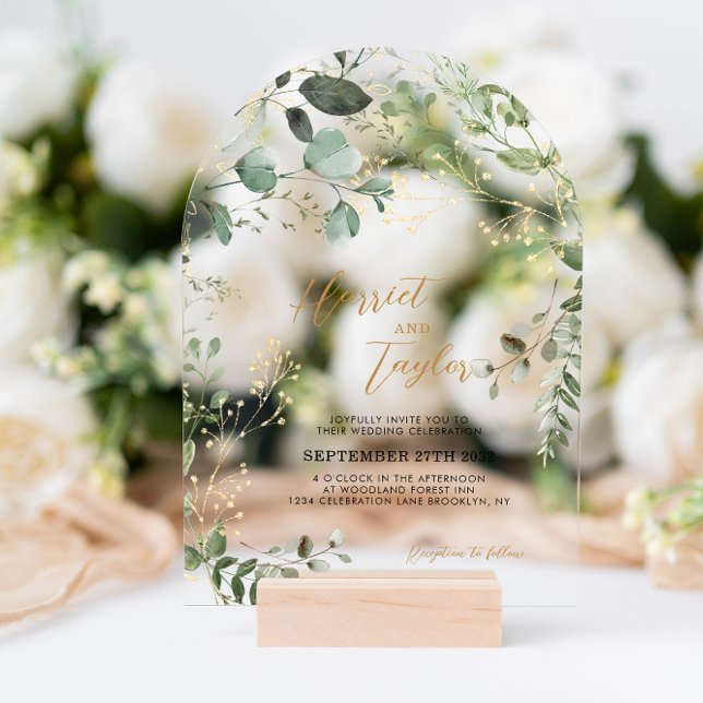 Gold and Greenery Eucalyptus Wedding Arch Acryleinladungen (Von Creator hochgeladen)