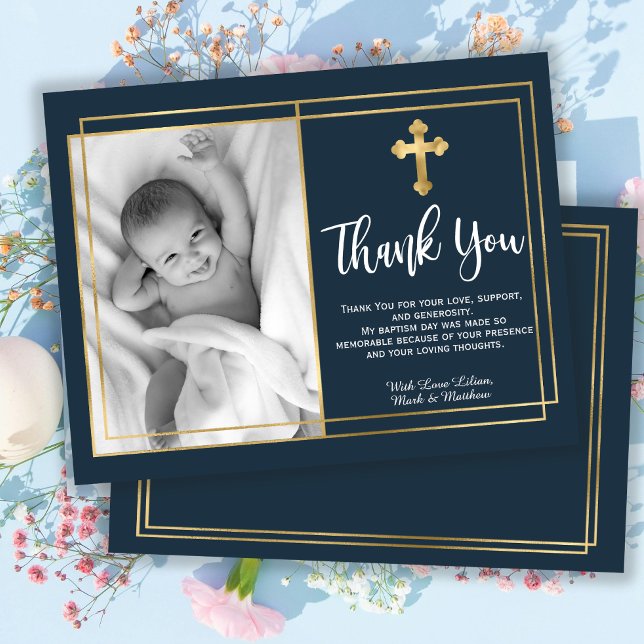 Gold and Navy Blue Baptism Photo Thank You Cards Dankeskarte (Von Creator hochgeladen)
