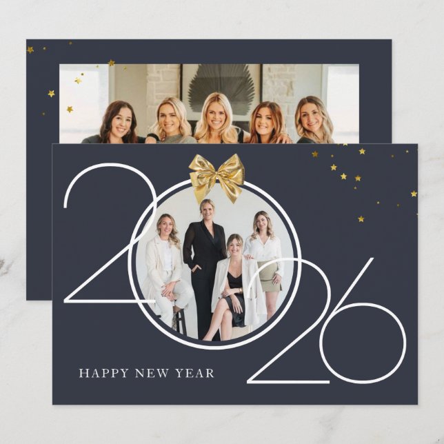 Gold and Navy Photo Happy New Year Greeting Card Einladung (Vorne/Hinten)