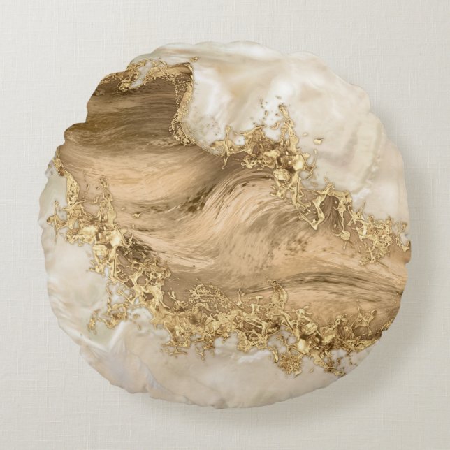Gold and Pearl - Splatter and flow Rundes Kissen (Vorderseite)