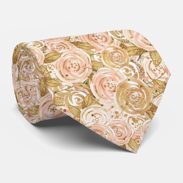 Gold and Pink Roses Wedding Krawatte (Gerollt)