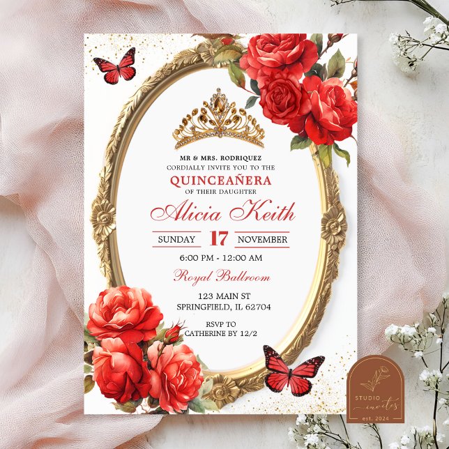 Gold and Red Roses Gold Quinceanera Invitation Einladung (Von Creator hochgeladen)