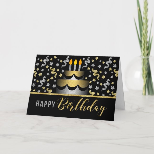 Gold and Silver Faux Glitter on Black with Cake Karte (Vorderseite)