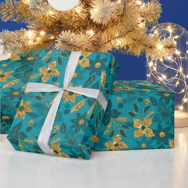 Gold and Teal Blue Christmas Poinsettia Flowers Geschenkpapier (Feiertage)