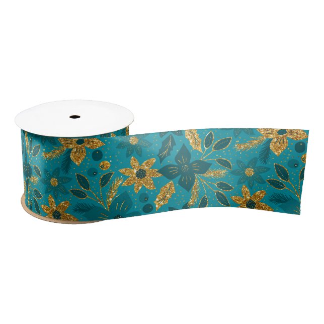 Gold and Teal Blue Christmas Poinsettia Flowers Satinband (Spule)