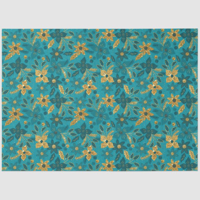 Gold and Teal Blue Christmas Poinsettia Flowers Seidenpapier (Vorderseite)