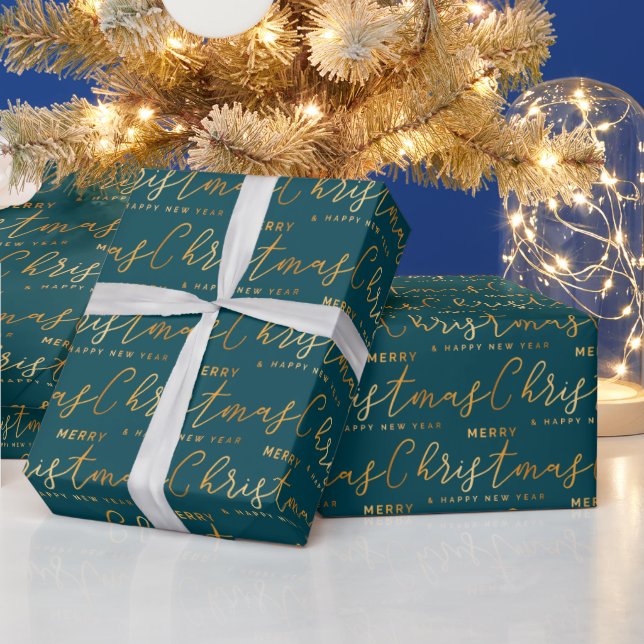 Gold and Teal Merry Christmas Word Art Geschenkpapier (Feiertage)