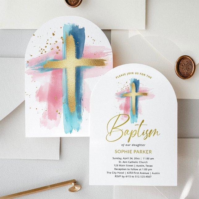 Gold and Watercolor Cross | Baptism Einladung (Von Creator hochgeladen)