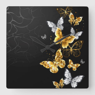 Gold and white butterflies quadratische wanduhr