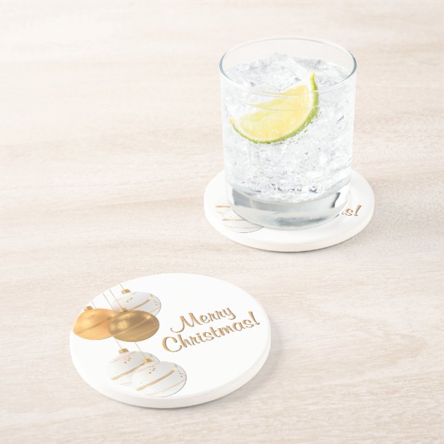 Gold and White Christmas Balls Custom Text Getränkeuntersetzer (Seite)