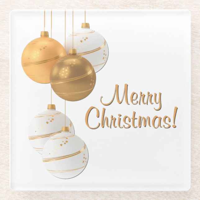 Gold and White Christmas Balls Custom Text Glasuntersetzer (Vorderseite)