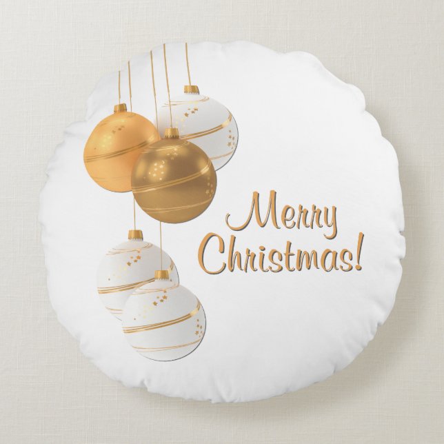 Gold and White Christmas Balls Custom Text Rundes Kissen (Vorderseite)