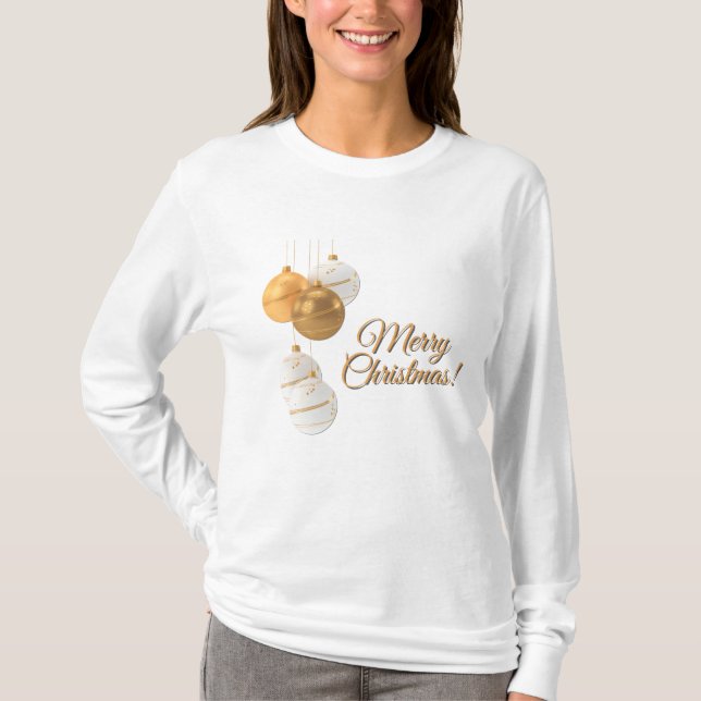 Gold and White Christmas Balls Custom Text T-Shirt (Vorderseite)