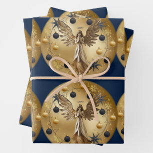 Gold Angel Blue Black Christmas Wreath Geschenkpapier Set