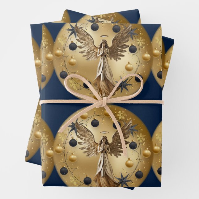 Gold Angel Blue Black Christmas Wreath Geschenkpapier Set (Beispiel)