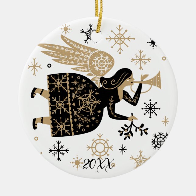 Gold Angel Stars Christmas Carol Folkart Keramik Ornament (Vorne)