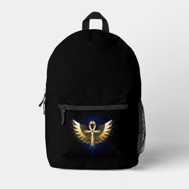 Gold Ankh mit Wings Bedruckter Rucksack (Vorderseite)