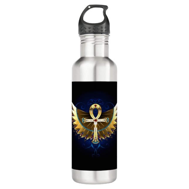 Gold Ankh mit Wings Edelstahlflasche (Vorderseite)