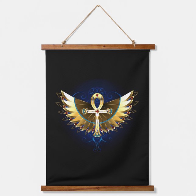 Gold Ankh mit Wings Wandteppich Mit Holzrahmen (Vorderseite)