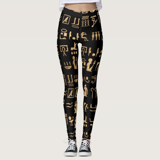 Gold antike ägyptische Hieroglyphen auf schwarz Leggings (Vorderseite)