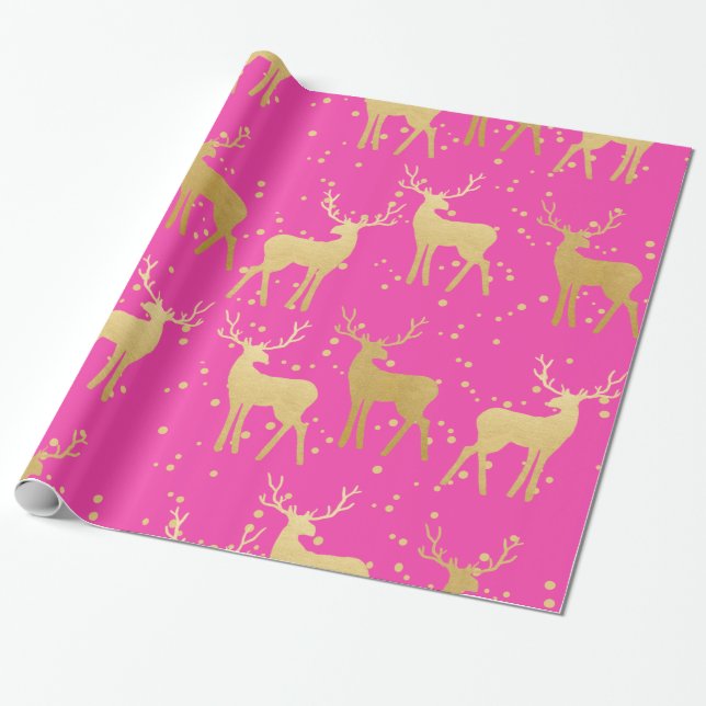 Gold Antler Rentier Elegant Pink Polka Dots Geschenkpapier (Ungerollt)