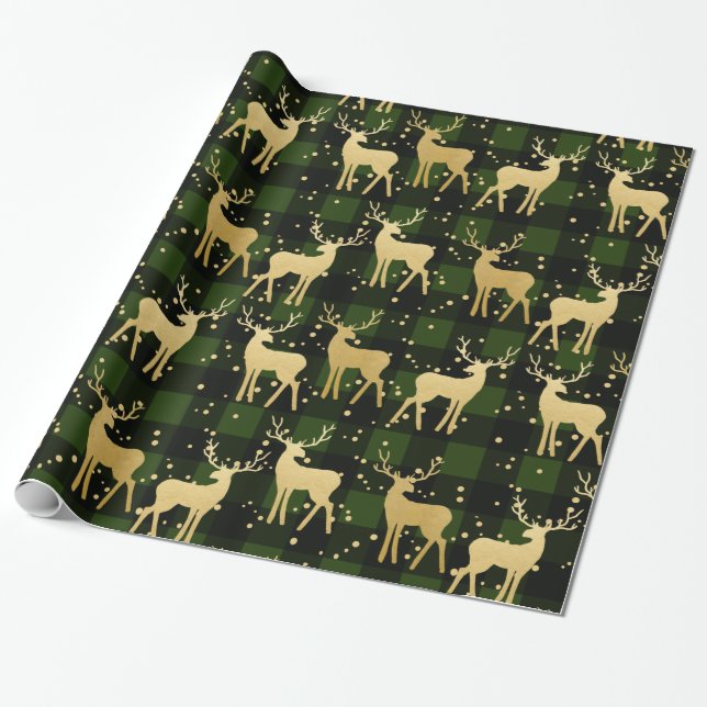 Gold Antler Rentier Green | Buffalo Kariertes Must Geschenkpapier (Ungerollt)