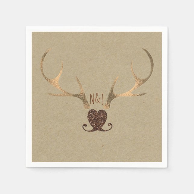 Gold Antlers & Brown Paper Rustic Wedding Serviette (Vorderseite)