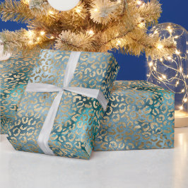 Gold Aqua Aquamarin Blue Leopard Print Geschenkpapier