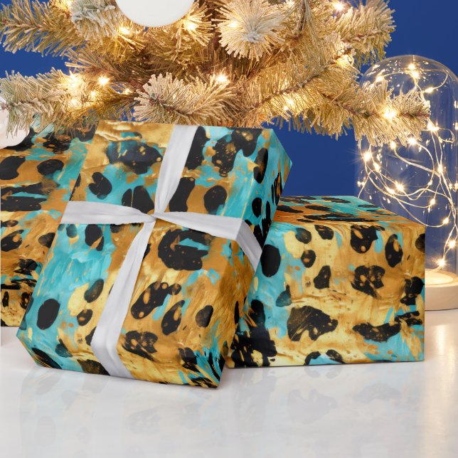 Gold Aqua Black Leopard Geschenkpapier (Feiertage)