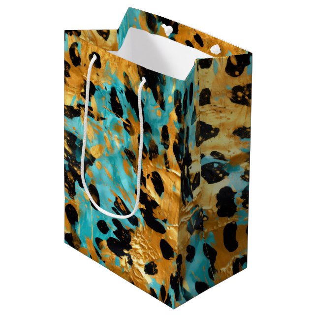 Gold Aqua Black Leopard Mittlere Geschenktüte (Vorderseite Schrägansicht)