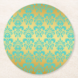 Gold, Aqua Blau Damast Muster 2 Runder Pappuntersetzer