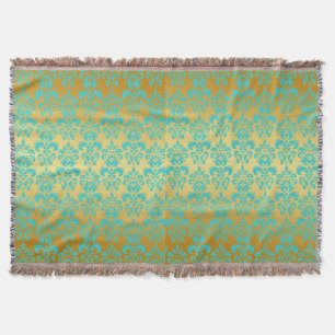 Gold, Aqua-blaues Damast-Muster 2 Decke