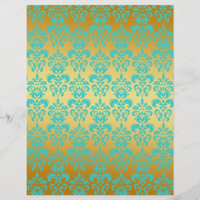 Gold, Aqua Blue Damask Muster 2 (Vorderseite)