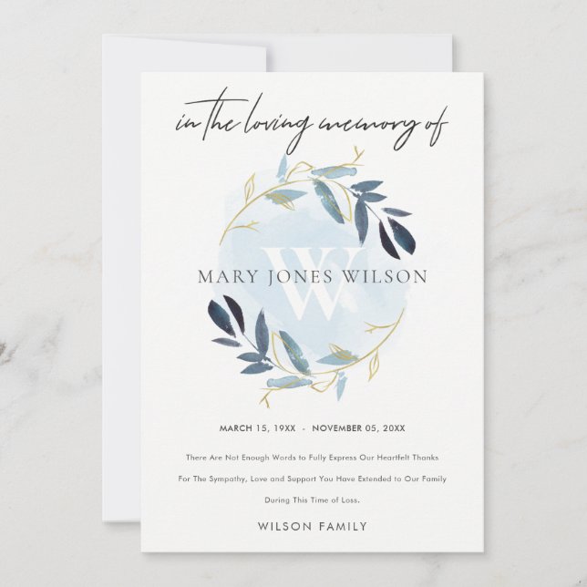 GOLD AQUA BLUE FOLIAGE WREATH BEILEID MEMORIAL DANKESKARTE (Vorderseite)
