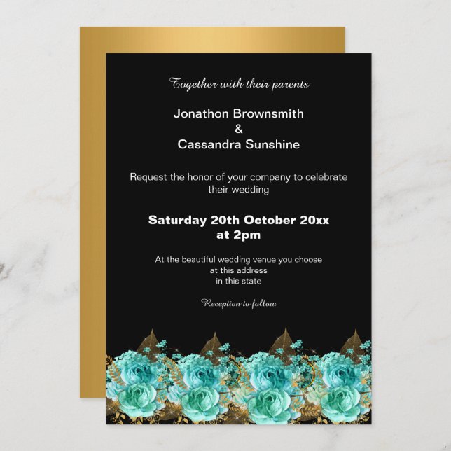 Gold Aqua Floral Wedding Black Background Einladung (Vorne/Hinten)
