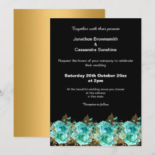 Gold Aqua Floral Wedding Black Background Einladung