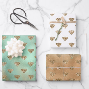 Gold Aqua Glam Glitzer Diamonds Geschenkpapier Set