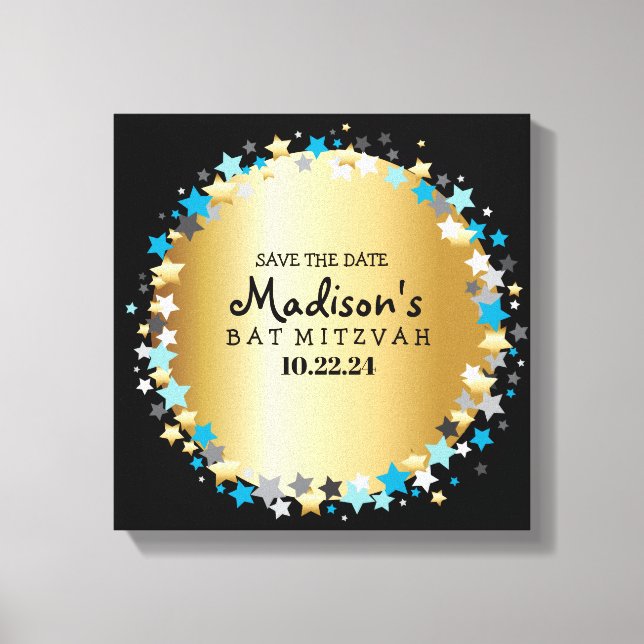 GOLD Aqua Gold Stars Bat Mitzvah Sign in Board Leinwanddruck (Vorderseite)