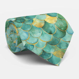 Gold Aqua Mermaid Maßstab Wasserfarben Muster Krawatte