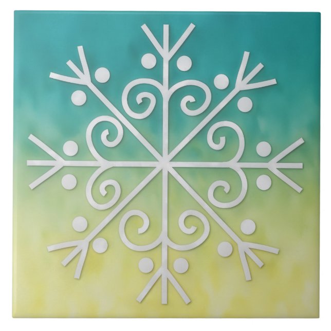 Gold Aqua Ombre Snowflake Winter Holiday Tile Fliese (Vorderseite)