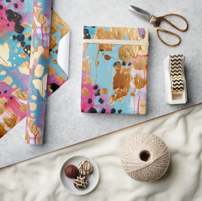 Gold Aqua Pink Abstrakt Leopard Geschenkpapier (Kunsthandwerk)